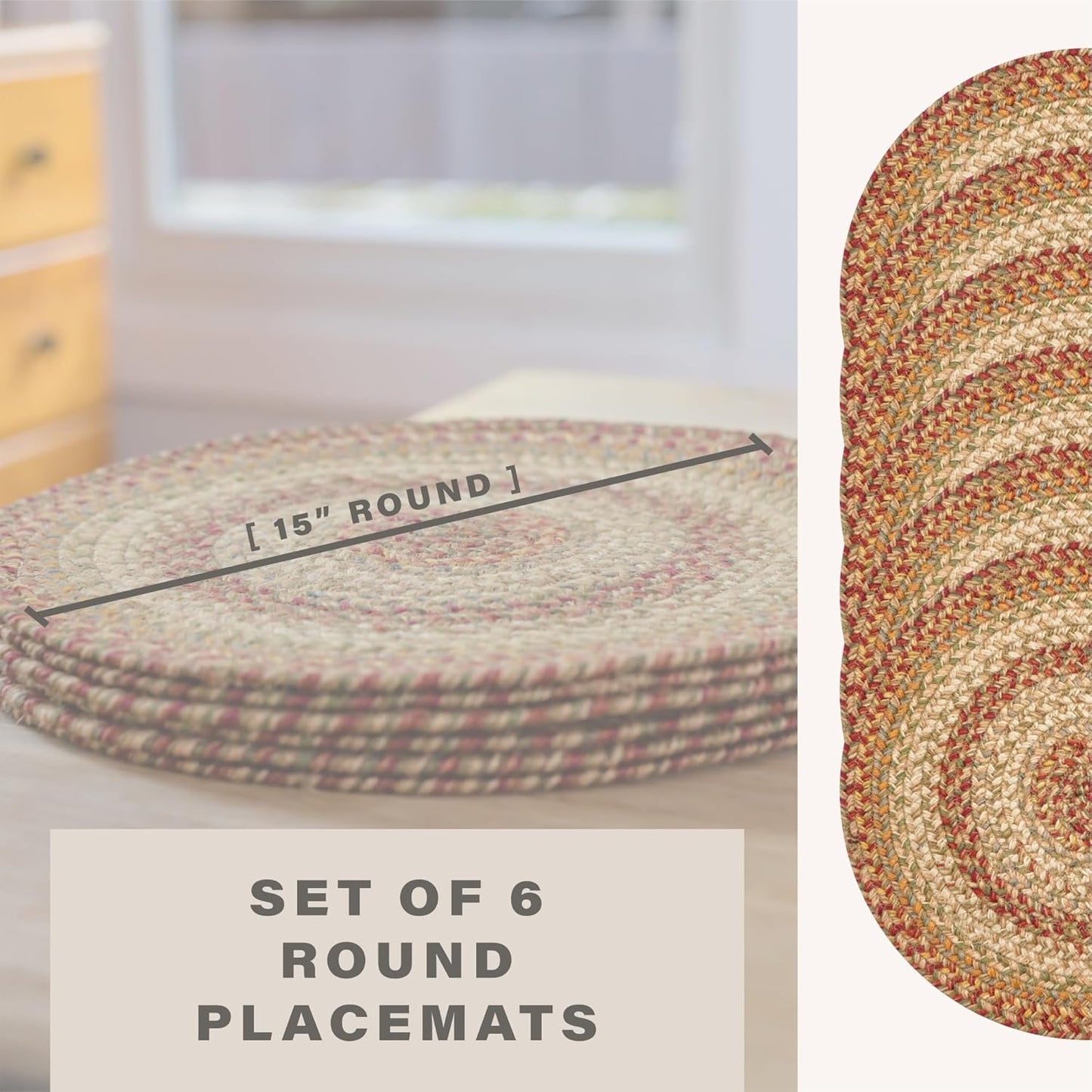 Harvest Jute Woven Round Placemats Set of 6, 15", Warm Country Decor, Multicolor Table Mats - Vibrant Colors, Durable, Easy to Clean and Protects Furniture