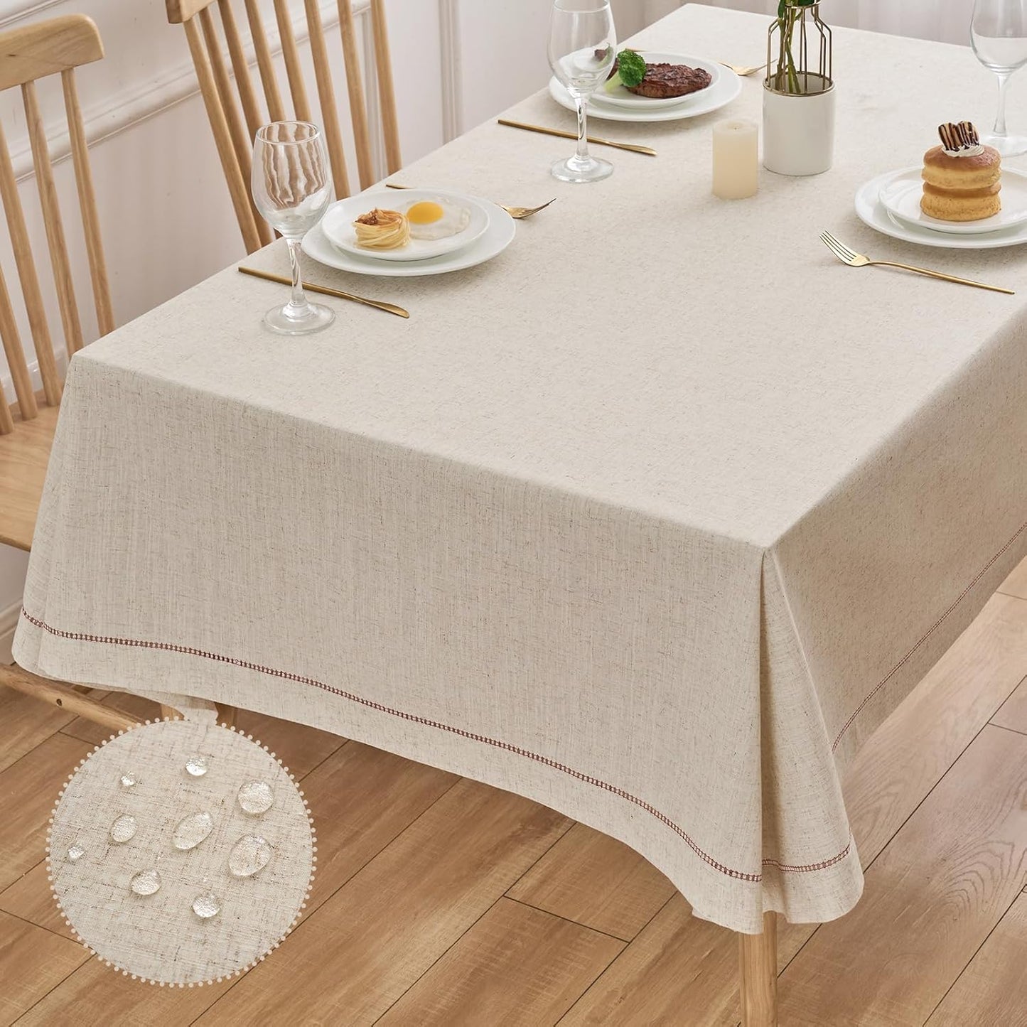 Zdolmy Natural Flax Linen Tablecloth – Undyed Rectangle Hemstitch Table Cover for Kitchen, Dining & Decoration (Red Drawn Silk Thread, 55" x 86")