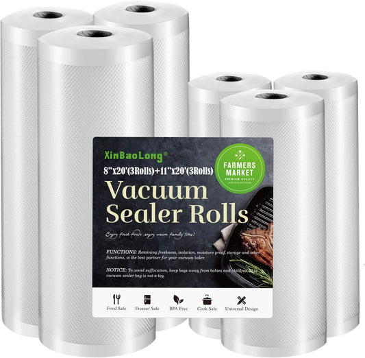 Vacuum Sealer Bags For Food, 6 Pack 3 Rolls11"x20' +3 Rolls 8"x20' Commercial Grade BPA Free Bag Rolls, Durable Customized Size Food Vac Bags for Storage and Sous Vide Cooking，Puncture Prevention