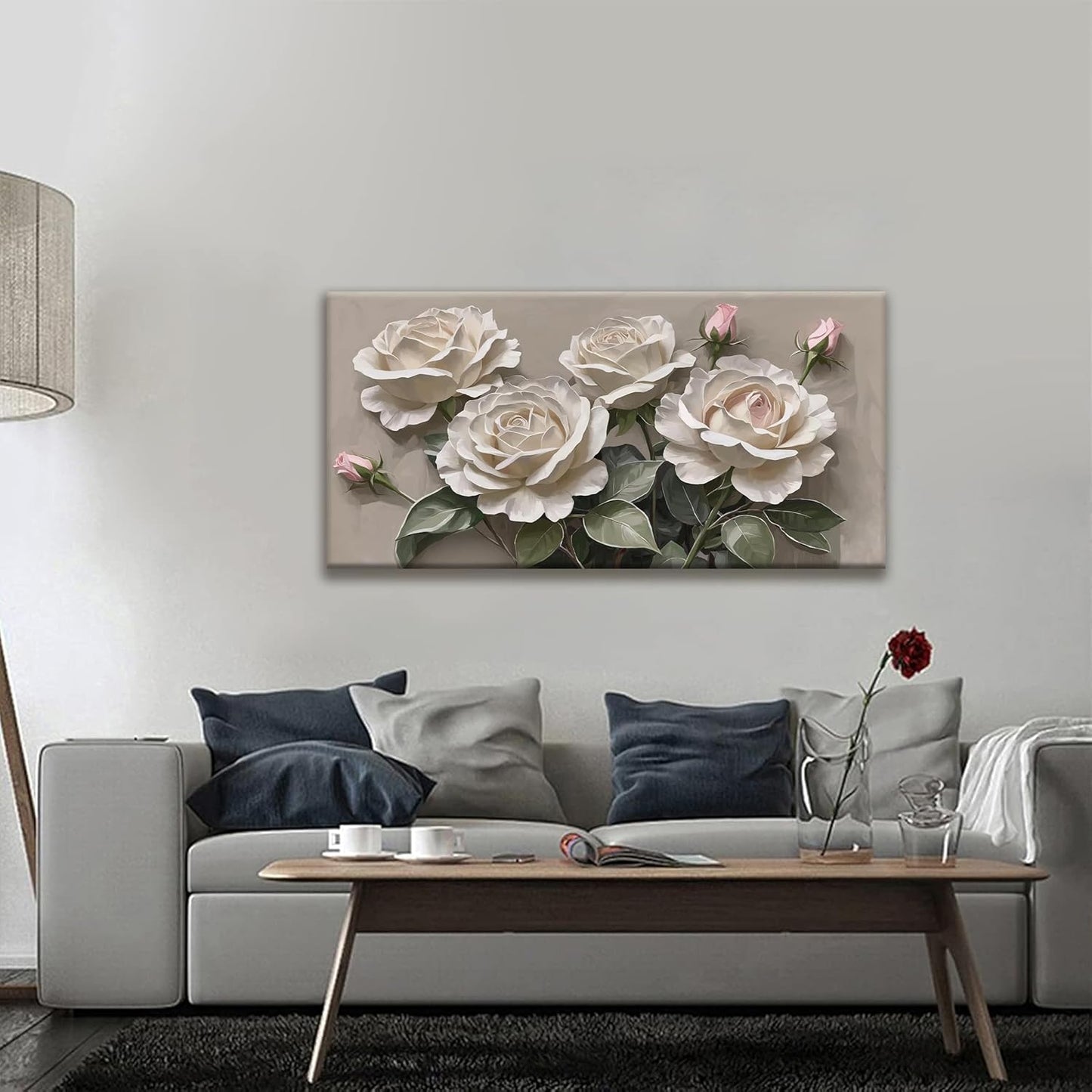 Canvas Art Wall Decor Modern Minimalist Home Wall Decor Flower Paintings White Wall Art Prints Pink White Floral Wall Art Pictures For Bedroom Kitchen Office Artwork 20"×40"