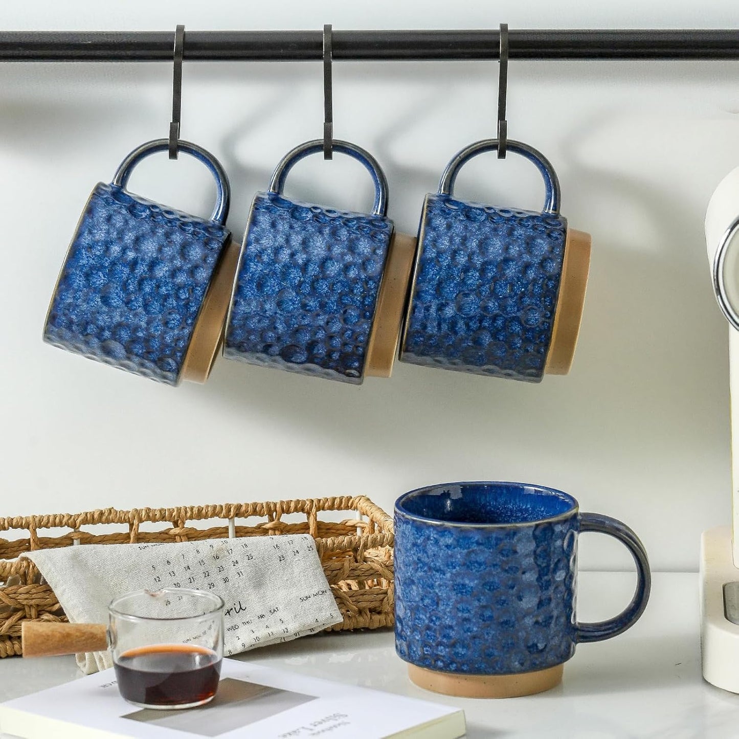 Nihow 16OZ Stackable Coffee Mug Set, Large Ceramic Coffee Mug Set of 4,Coffee Cup Set for Cappuccino/Latte/Cocoa,Dishwasher & Microwave Safe,Vivid Blue