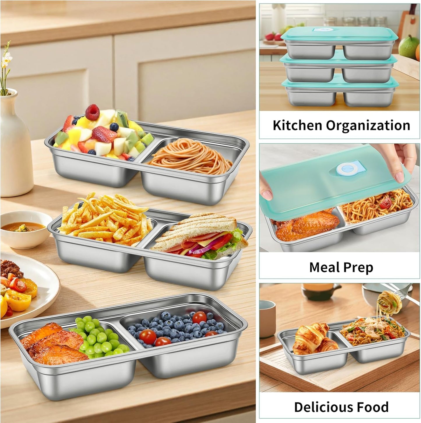 3 Pack Leakproof Stainless Steel Snack Containers with Secure Sealed Lids, Reusable 2 Compartment Bento Boxes for Lunch Prep, Travel, School & Office Stainless Steel Lunch Box