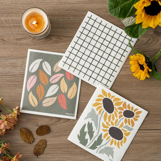 RECYCO Swedish Dishcloths for Kitchen | 6 Pack Autumn Leaf Washable Dish Rags | Cellulose Reusable Cleaning Paper Towels | Absorbent Counter Dish Cloth Sponge Kitchen Wipes, 8" L x 7" W