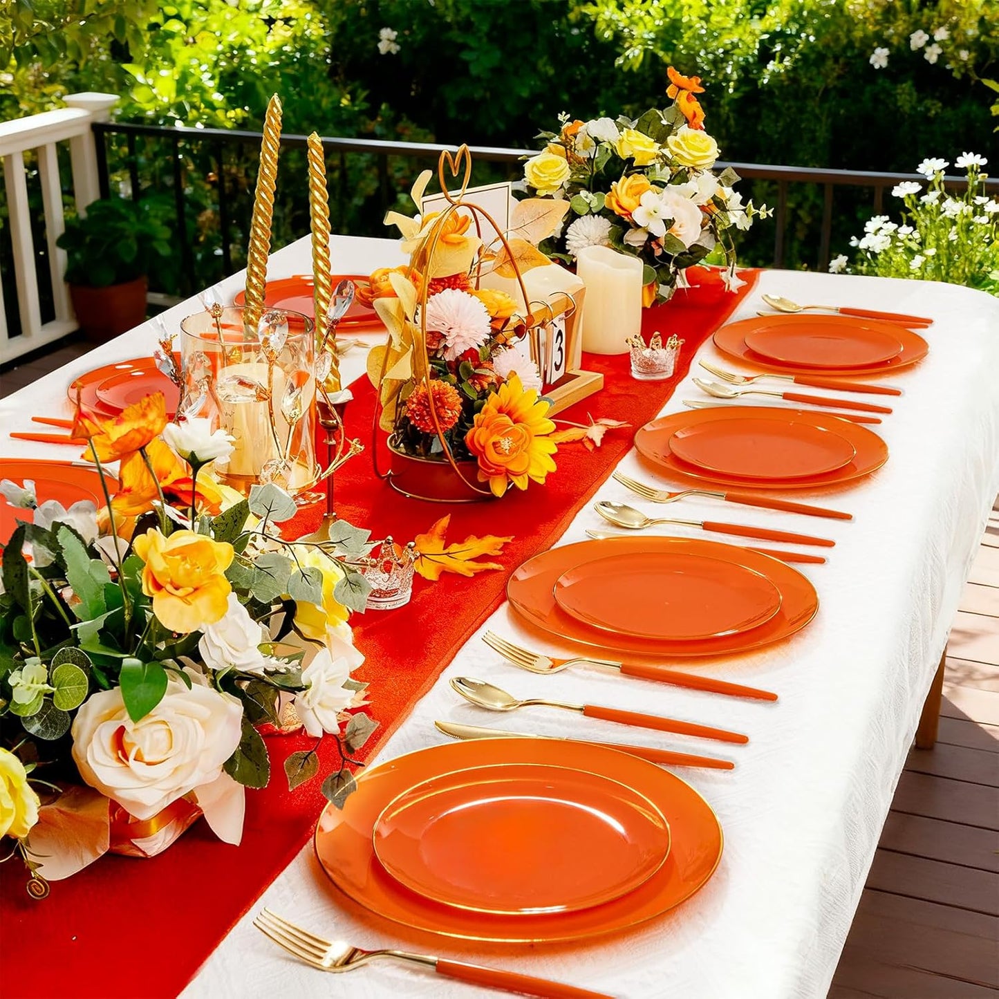 DaYammi 150Pcs Orange Plastic Plates & Gold Cutlery with Orange Handle,Thanksgiving Disposable Plates Set Include 30 Dinner Plate, 30 Dessert Plate,30 Knives,30 Forks,30 Spoons for Thanksgiving Party