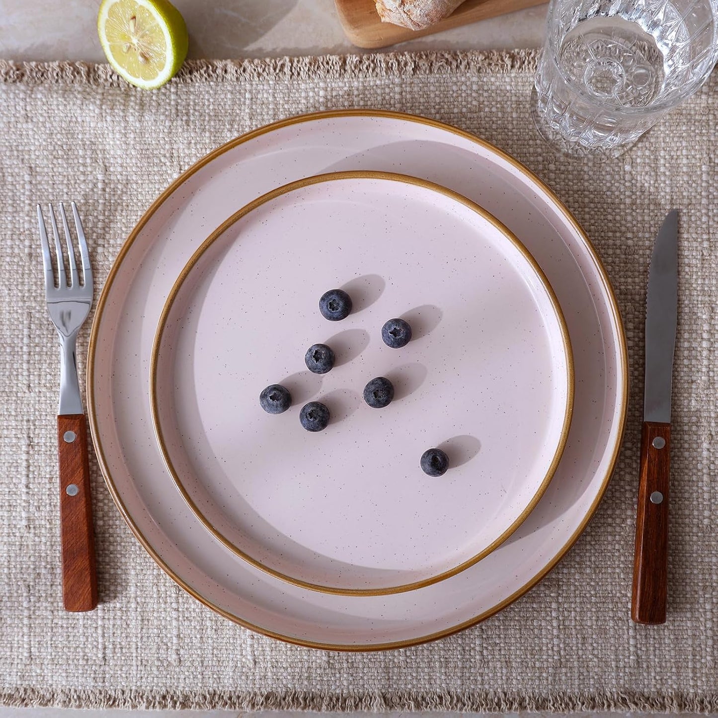 Famiware Nebula Plates and Bowls Sets for 4, 12 Pieces Stoneware Dinnerware Set, Microwave and Dishwasher Safe Dishes Set, Light Pink with Brown Rim