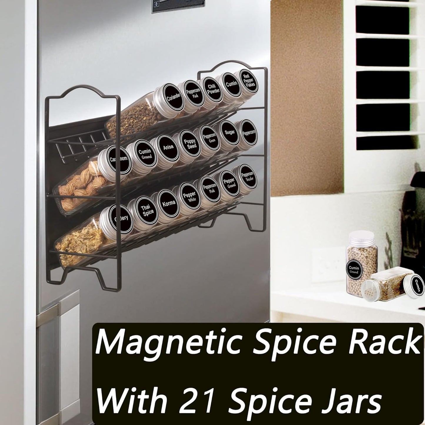 SWOMMOLY Magnetic Spice Rack for Refrigerator with 21 Spice Jars, 396 Spice Labels Set, 3 Tier Spice Rack Organizer for Cabinet, Countertop, Fridge, Pantry, Black