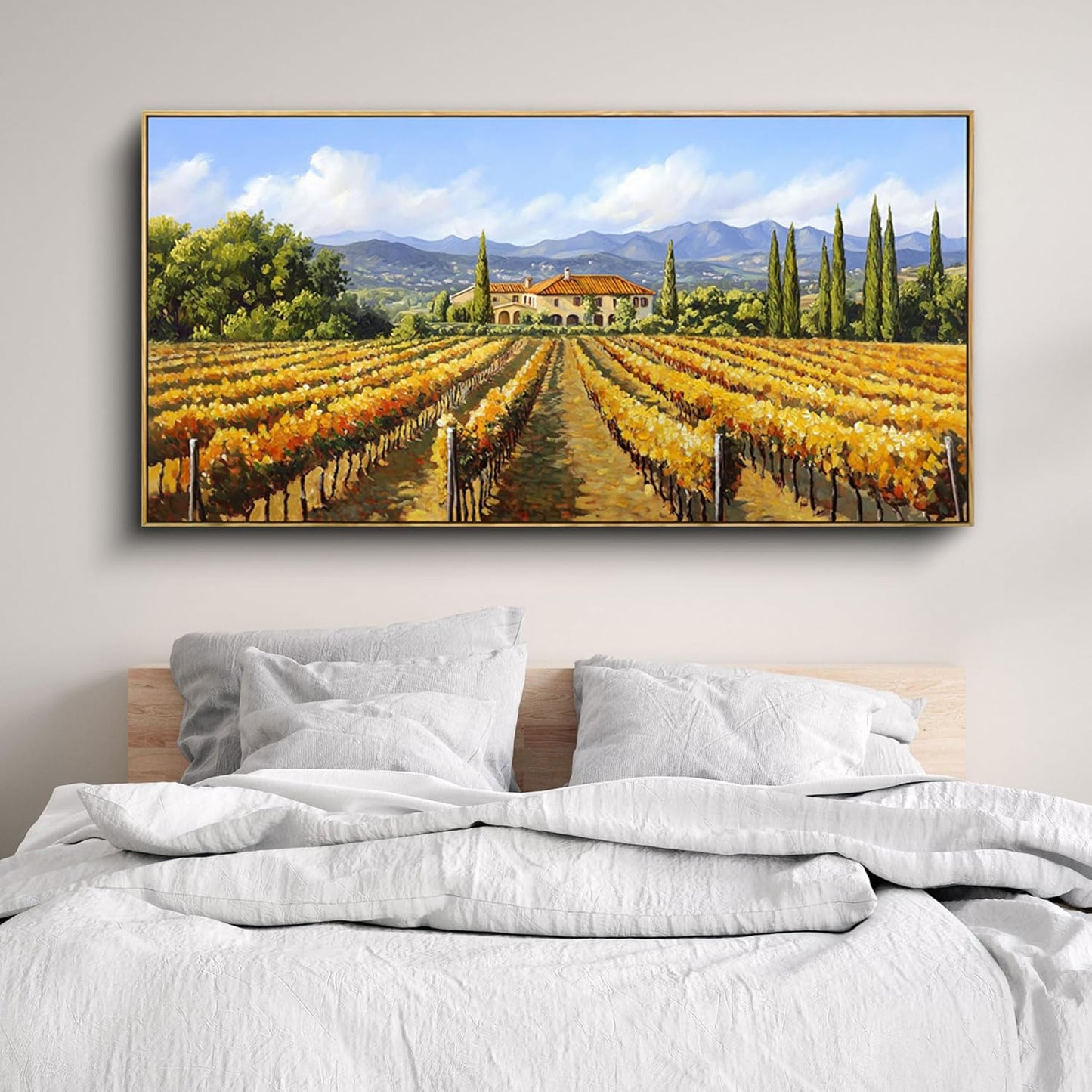 XLSJERST Fall Picture - Orange Wall Art Vineyard Large Landscape Autumn Framed Wall Decor Living Room Vintage Artwork Nature Forest Canvas Wall Art for Bedroom Office Fall Wall Decor - 58x29 Inches