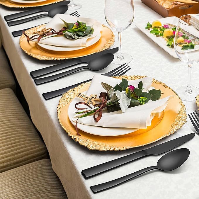 Herogo 20-Piece Matte Black Silverware Set for 4, Stainless Steel Square Flatware Cutlery Set, Tableware Eating Utensils Include Knife Spoon Fork, Satin Finish, Dishwasher Safe