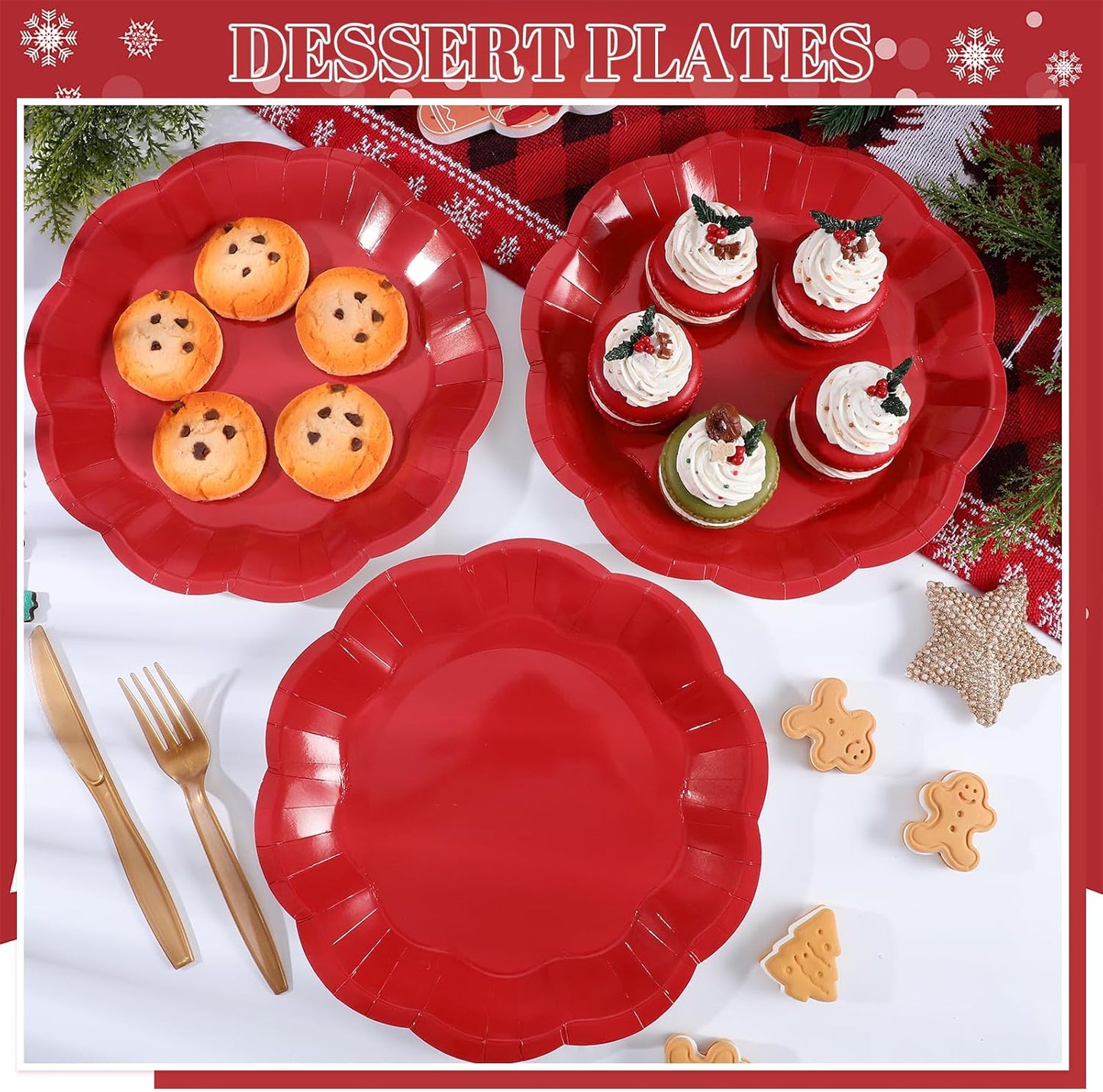 30pcs Christmas Paper Plates 9 Inch Red Scalloped Paper Plates Disposable Xmas Dinner Plate for Christmas,Weeding, Birthday, Baby Shower