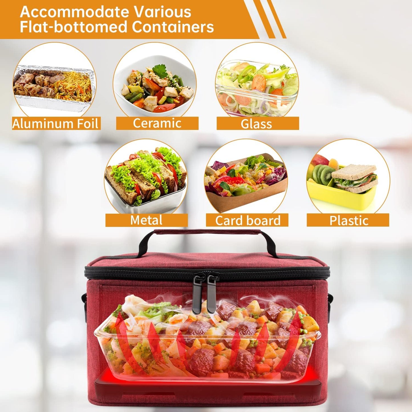 Aotto Portable Oven, Electric Lunch Box Food Heater - 12V/24V/110V 3-in-1 Car Food Warmer - Heated Lunch Box for Adults - Cook, Reheat & Keep Meals Warm for Car, Truck, Travel, Work, Home - Red