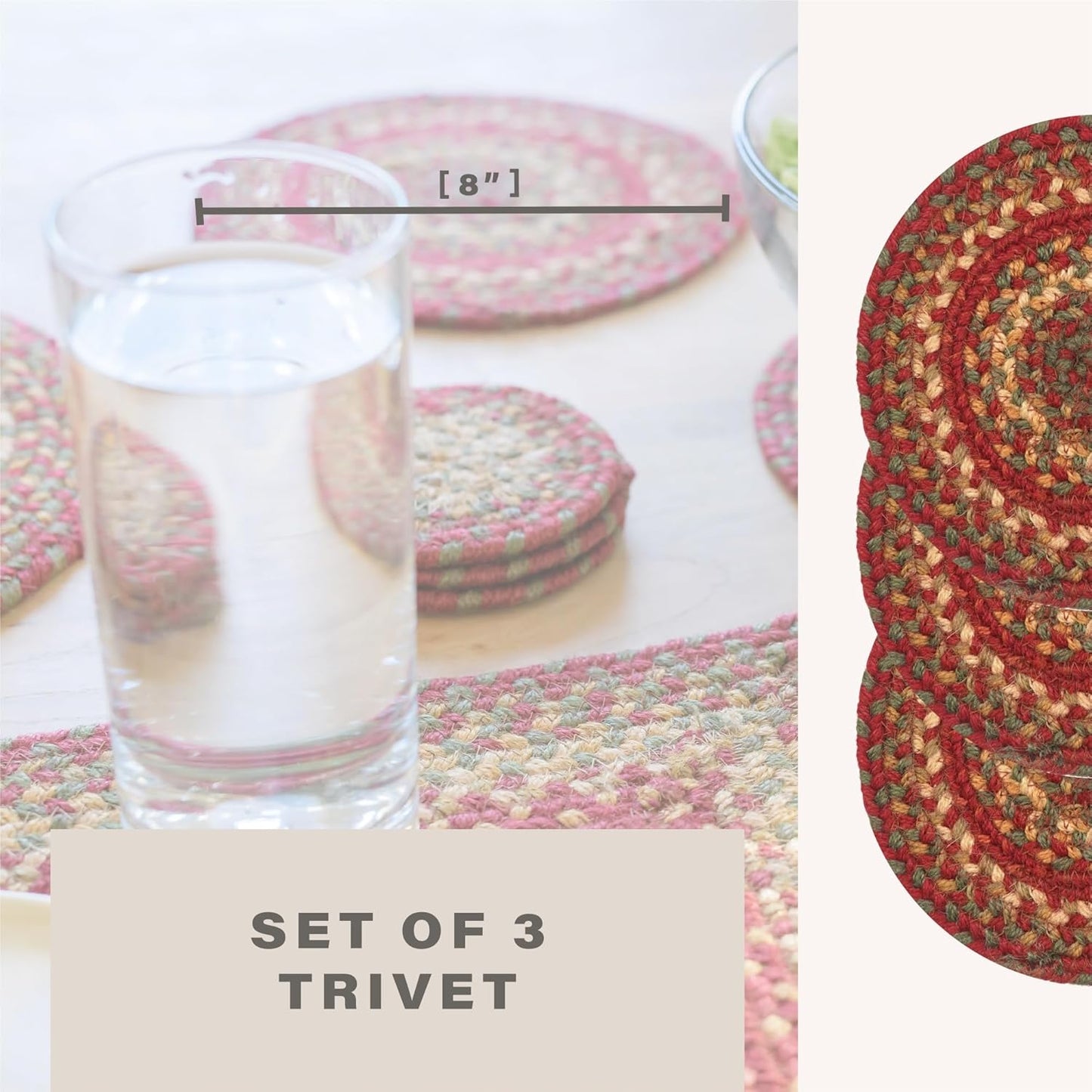 Homespice Cider Barn Jute Braided Trivets for Table, Warm Country Rustic Decor, Set of 3, Red 8" Round Heat Resistant Mats - Rich Colors, Easy to Clean, Durable and Protects Furniture