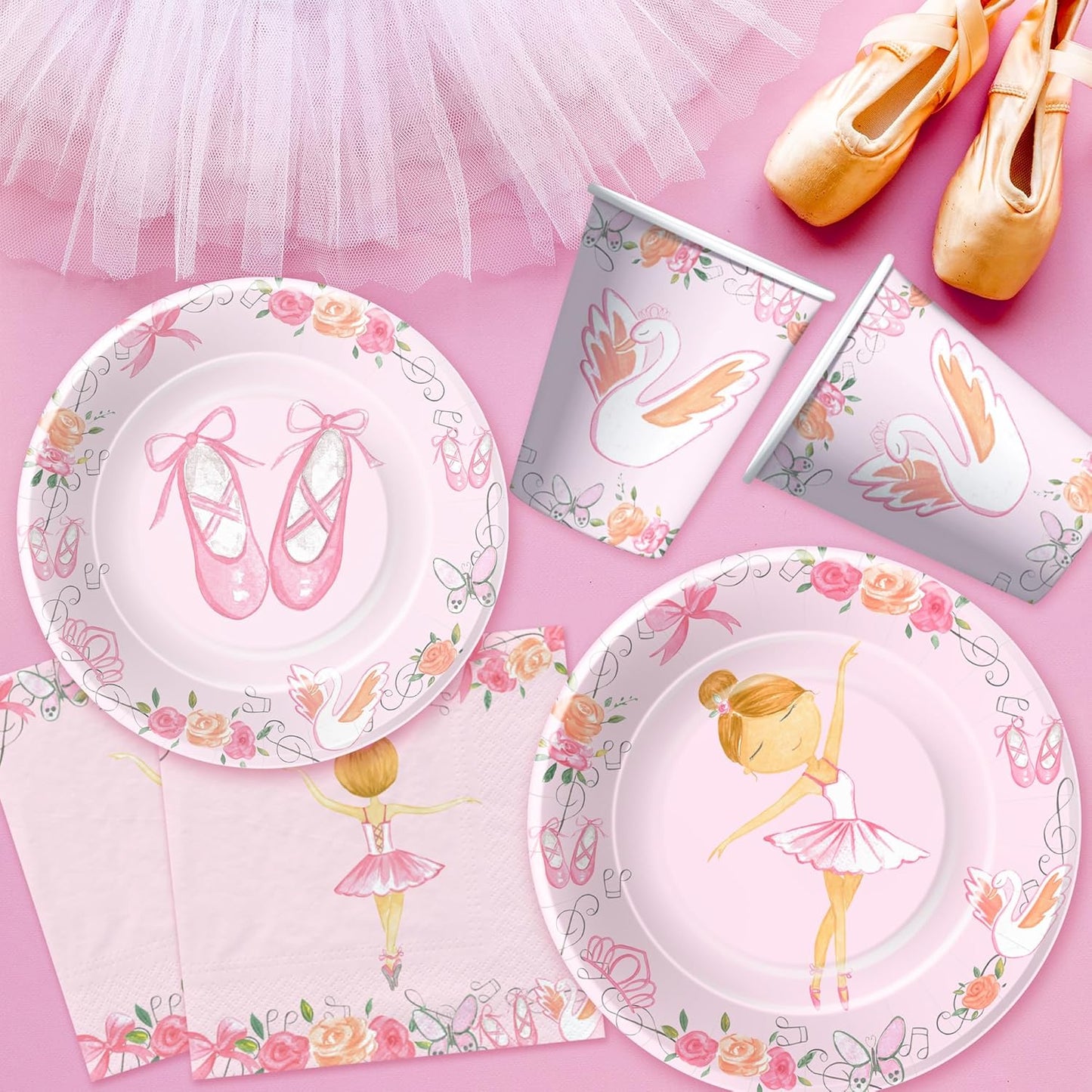 Xigejob Ballerina Birthday Party Decorations Dinnerware, Ballerina Theme Dancing Girl Ballet Party Supplies Tableware, Paper Plate, Napkin, Tablecloth, Disposable Fork, Serves 24