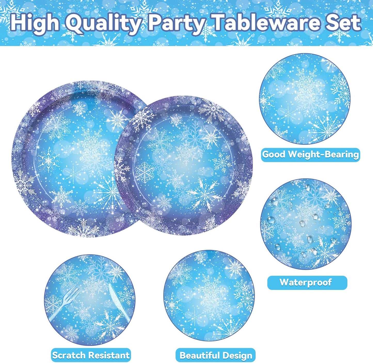 Magical Frozen Wonderland Party Dinnerware Kit - 161 Blue Purple Winter Snowflake Birthday Supplies Decor for Kids - Premium Dinner&Dessert Plates Cutlery Napkins Straws Cups Tablecloth for 20 Guests