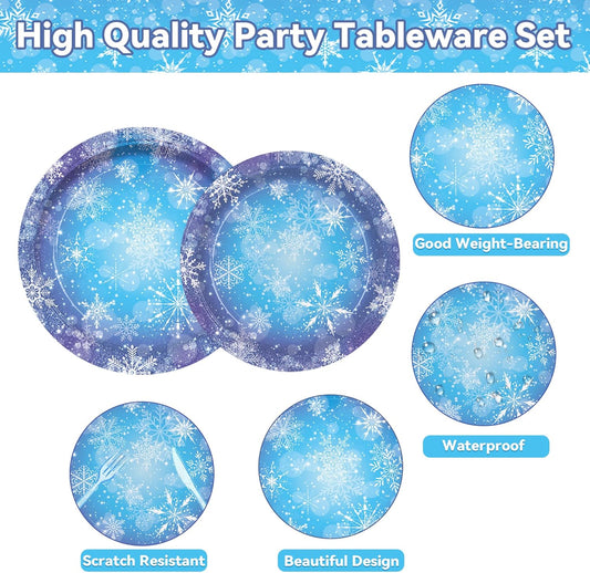 Magical Frozen Wonderland Party Dinnerware Kit - 161 Blue Purple Winter Snowflake Birthday Supplies Decor for Kids - Premium Dinner&Dessert Plates Cutlery Napkins Straws Cups Tablecloth for 20 Guests