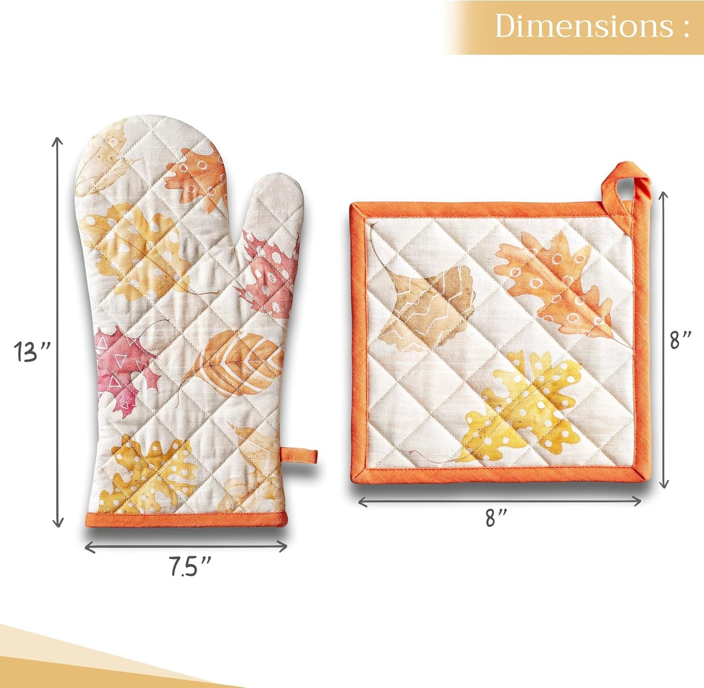 Maison d' Hermine 100% Cotton Oven Mitt & Pot Holder Set (7.5"x13" & 8"x8") Heat Resistant BBQ Cooking Gloves with Loop for Thanksgiving Christmas Decorations Handling Hot Pans (Colours of Autumn)
