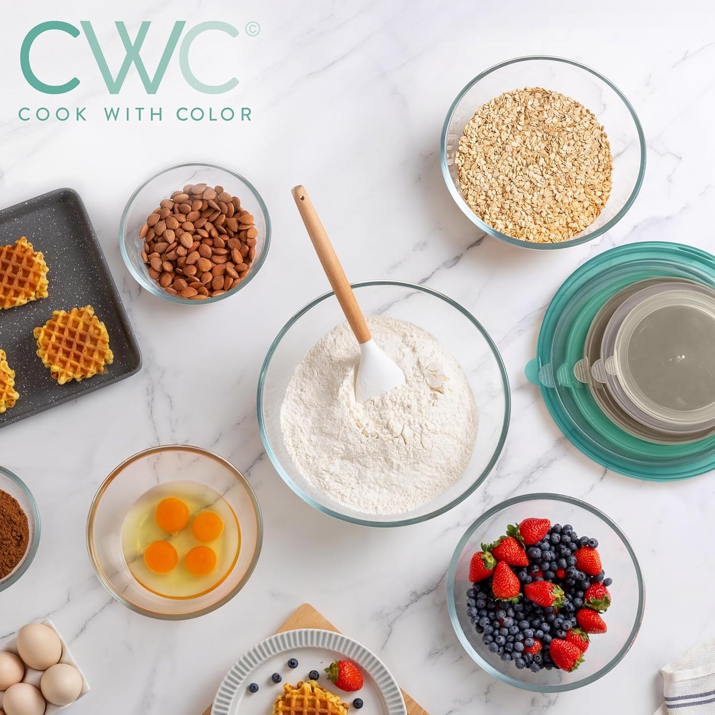 COOK WITH COLOR 12 Pc Glass Mixing Bowl Set with Lids – Borosilicate Glass Nesting Bowls for Cooking, Baking and Meal Prep, Mint