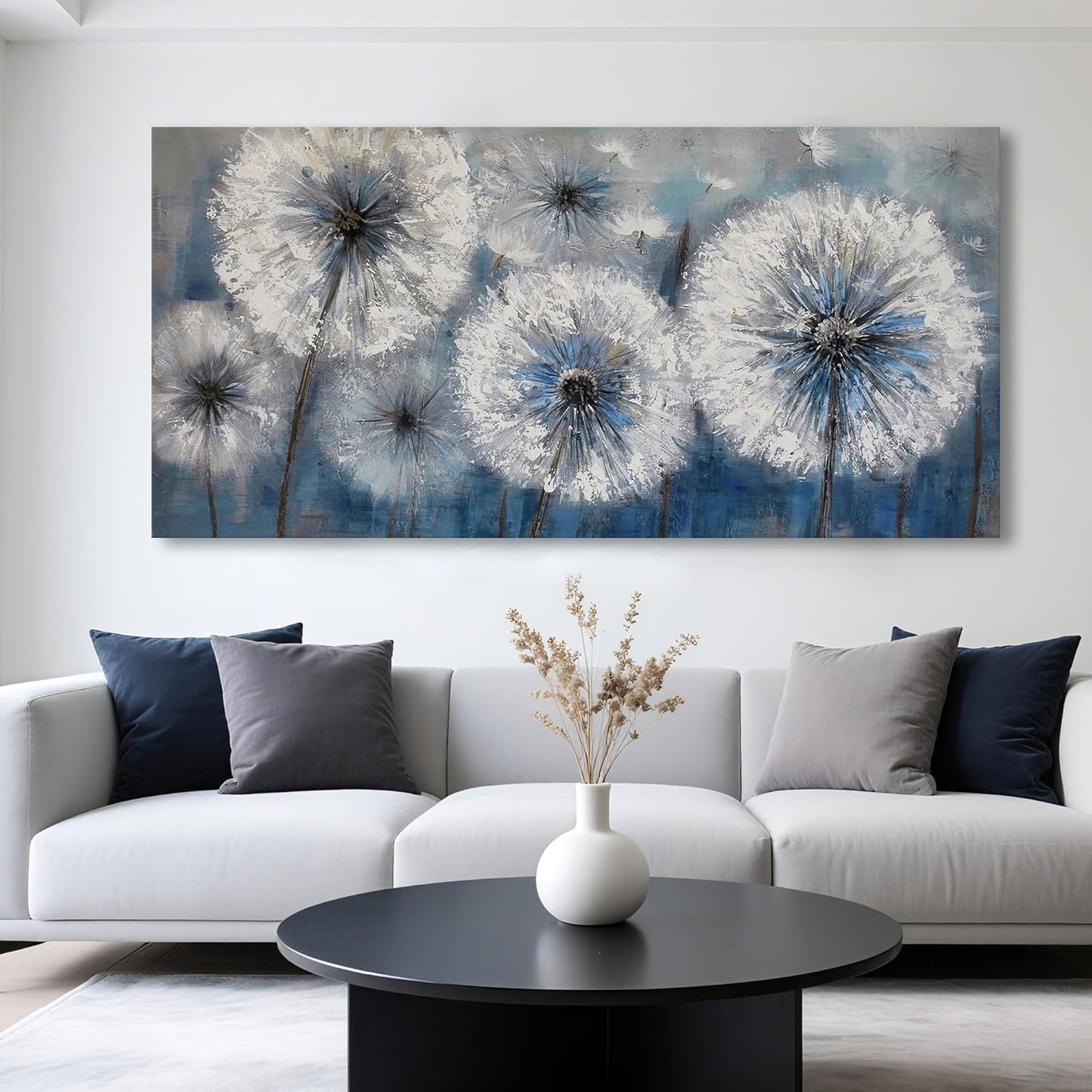 Dandelion Wall Art Blue Large Picture for Living Room Canvas Art Wall Decor Above Bed White Flower Artwork for Walls Wall Paintings Modern Art Aall Decor Framed Wall Art for Bedroom 29×58IN