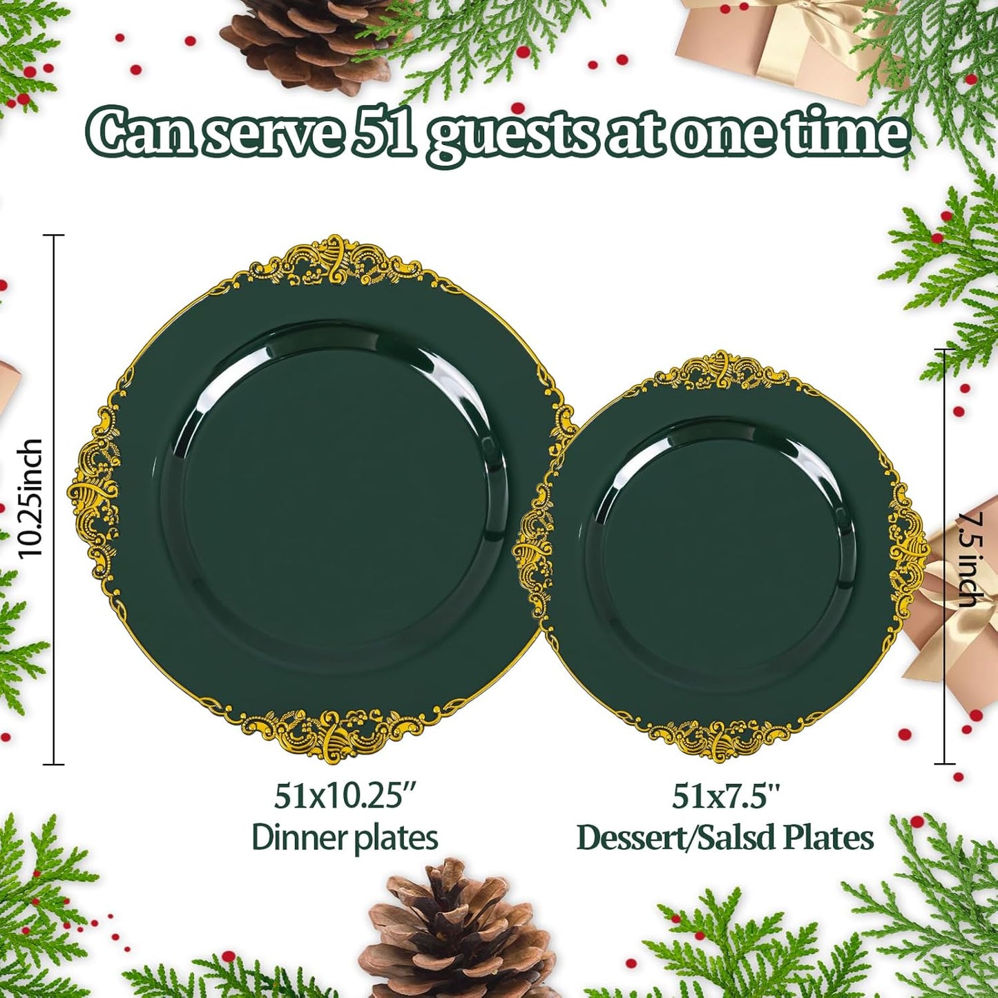 102PCS Green and Gold Plates - Green Plastic Plate - Fancy Heavy Duty Disposable Plates - Heavyweight Disposable Dinner & Dessert Plate for 51 Guests for Party & Christmas