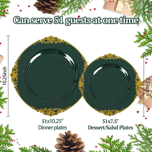 102PCS Green and Gold Plates - Green Plastic Plate - Fancy Heavy Duty Disposable Plates - Heavyweight Disposable Dinner & Dessert Plate for 51 Guests for Party & Christmas