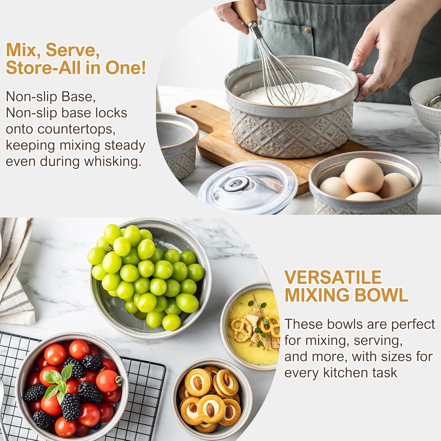 Ceramic Mixing Bowls with Lids Set of 4, Embossed Nesting Storage Bowls for Cooking, Serving, Salad, Popcorn etc, Microwave and Dishwasher Safe, Baking Dishes 12/16/28/40 oz (Gray)