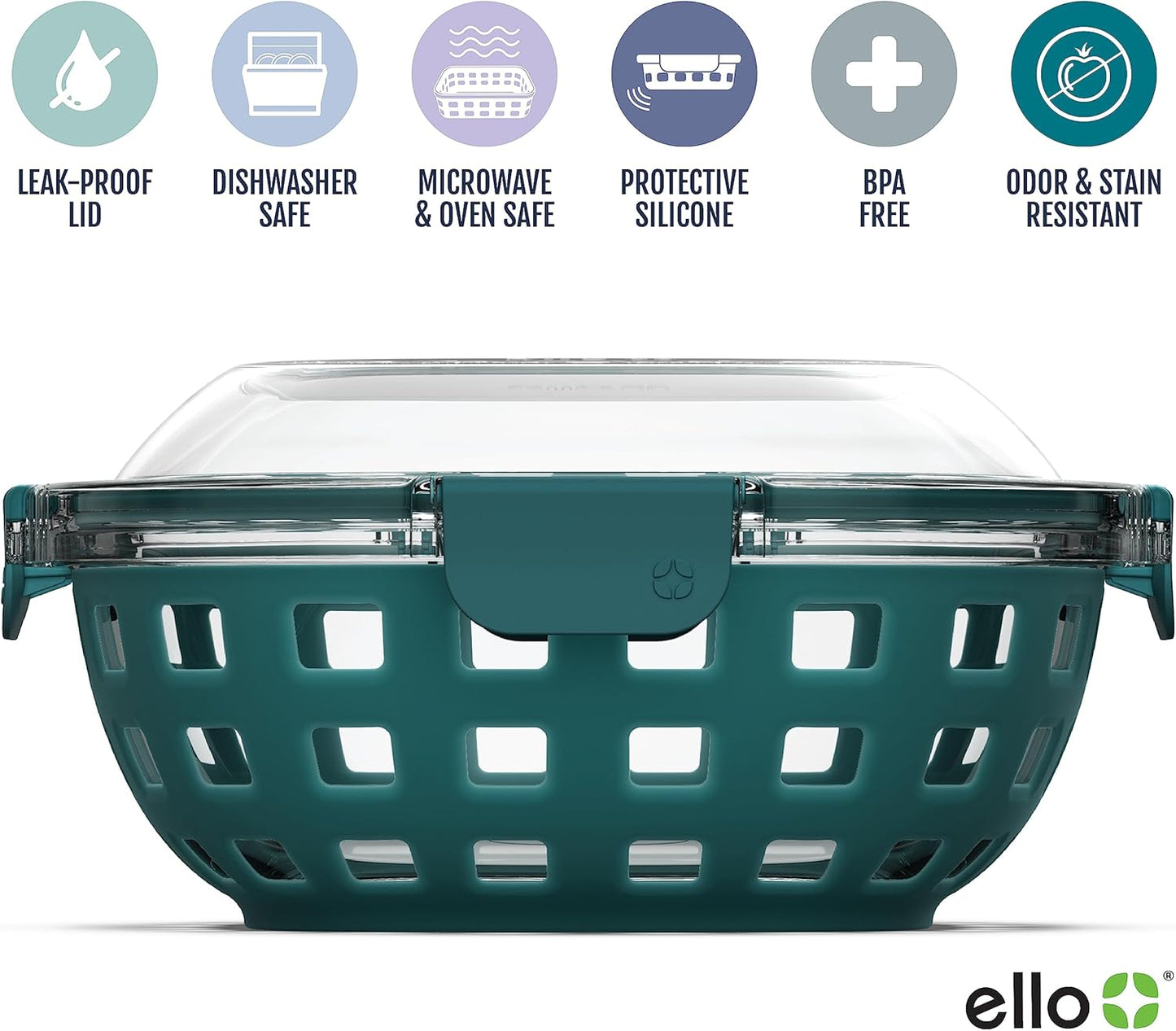 Ello Duraglass Meal Prep Lunch Bowl Container, 5 cup- Glass Food Storage Container with Silicone Sleeve and Airtight BPA-Free Plastic Lid, Dishwasher, Microwave, and Freezer Safe