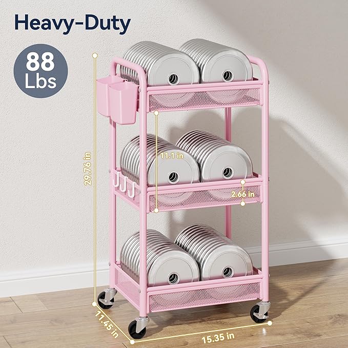 YASONIC 3 Tier Rolling Cart – Metal Utility Storage Cart with Wheels, Craft Cart Organizer with Hanging Cups, Hooks, Mesh Basket for Bedside Kitchen Office Art, Pink