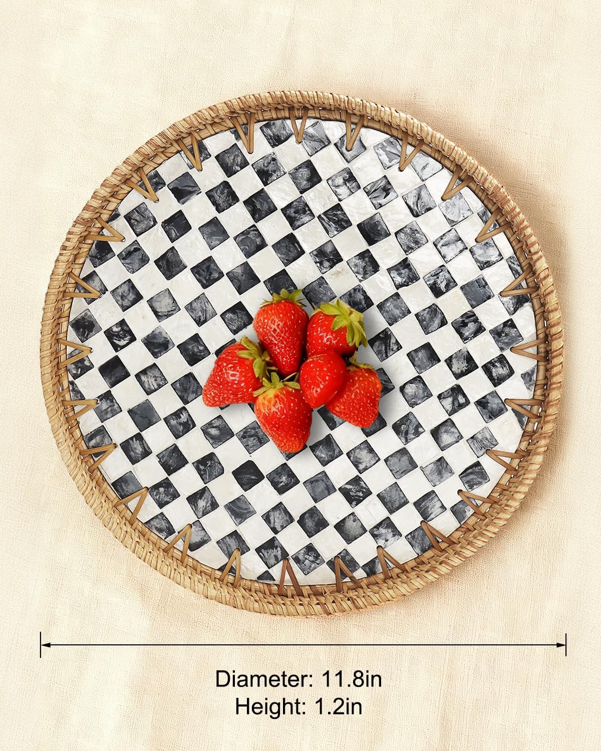 Round Rattan Tray with Mother of Pearl Inlay, Decorative Serving Tray with Wooden Base, Woven Wicker Tray for Coffee, Bread, Fruits, Home Decor(Black Checkerboard, 11.8")