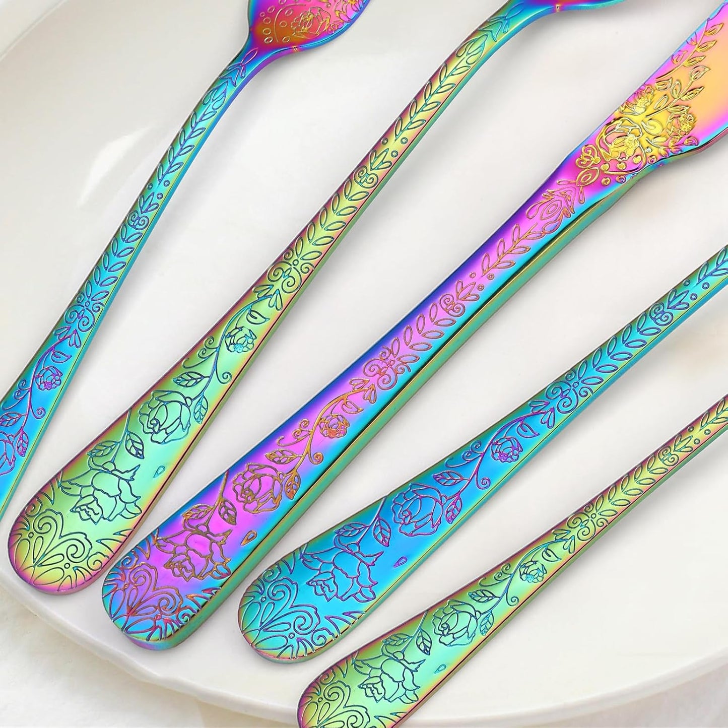 Embossed Flatware Set Rainbow 30 Piece Stainless Steel Silverware for 6 Cutlery with Floral Design Eating Utensils for Weddings Parties Festival and Restaurants Kitchen Daily Use