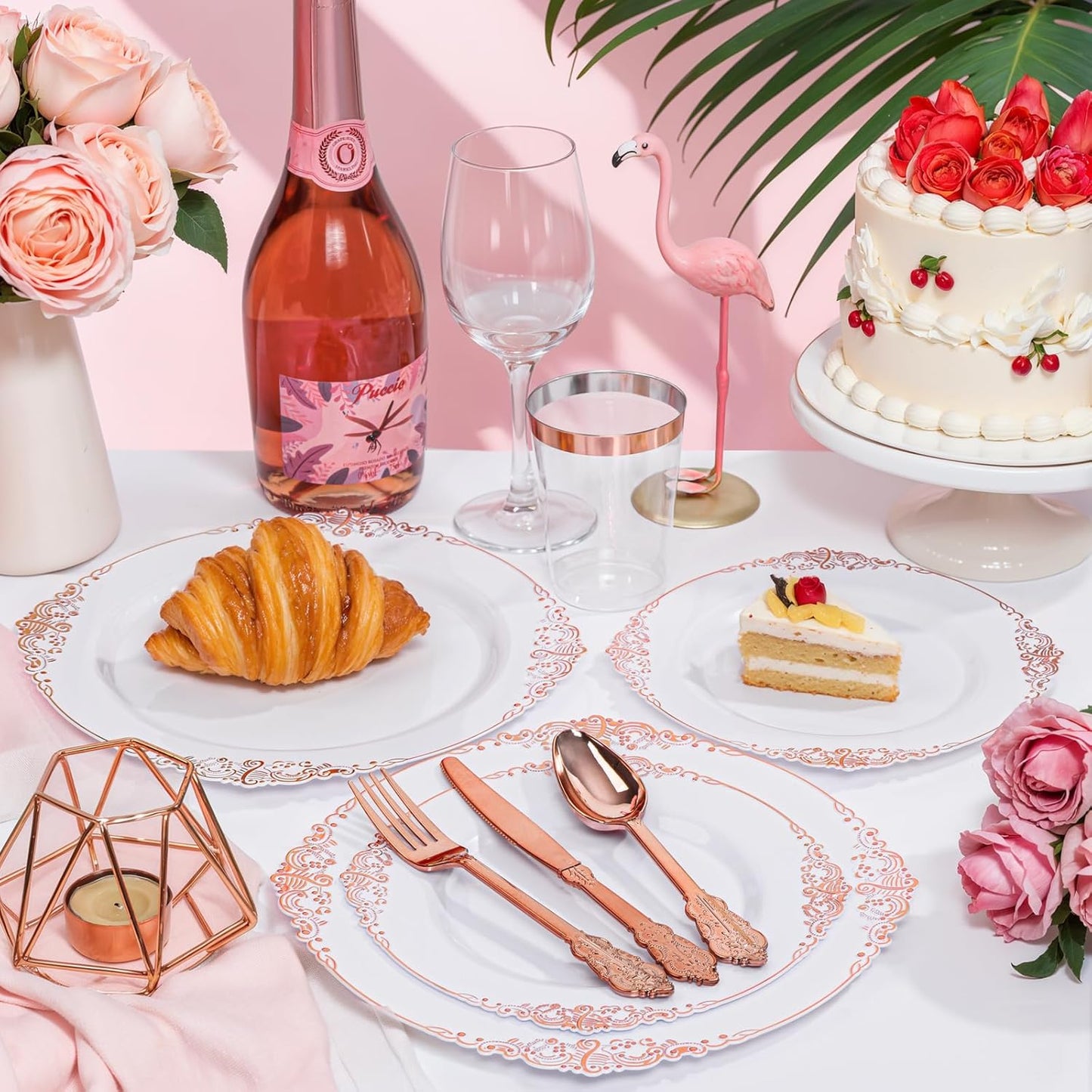 Nervure 700PCS Rose Gold Plastic Plates - Rose Gold Plastic Dinnerware Sets for 100 Guests - 200 White Disposable Plates, 300 Silverware, 100 Cups, 100 Napkins for Wedding & Party