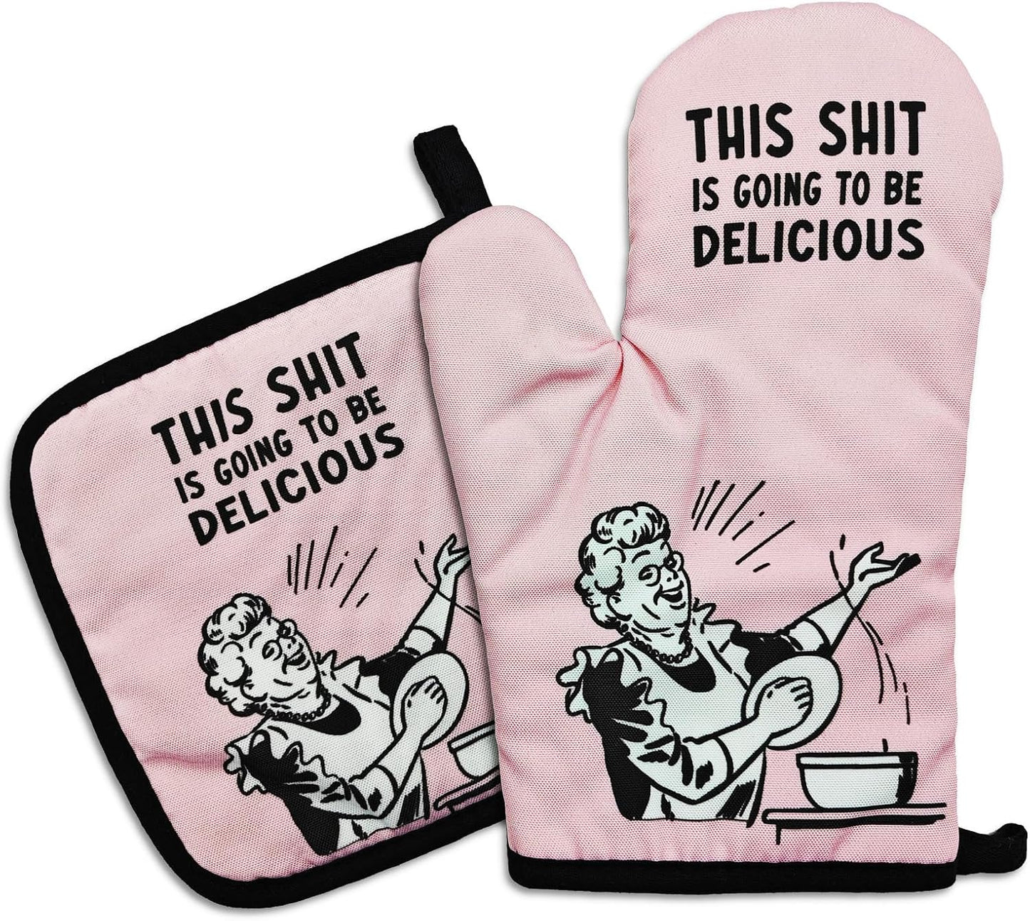 Funny Oven Mitts and Pot Holders Set This Sxxt is Going to Be Delicious Heat Resistant Mitts Adult Humor Silicone Non-Slip Oven Mitts Funny Kitchen Decor Gifts for Women Housewife Friend