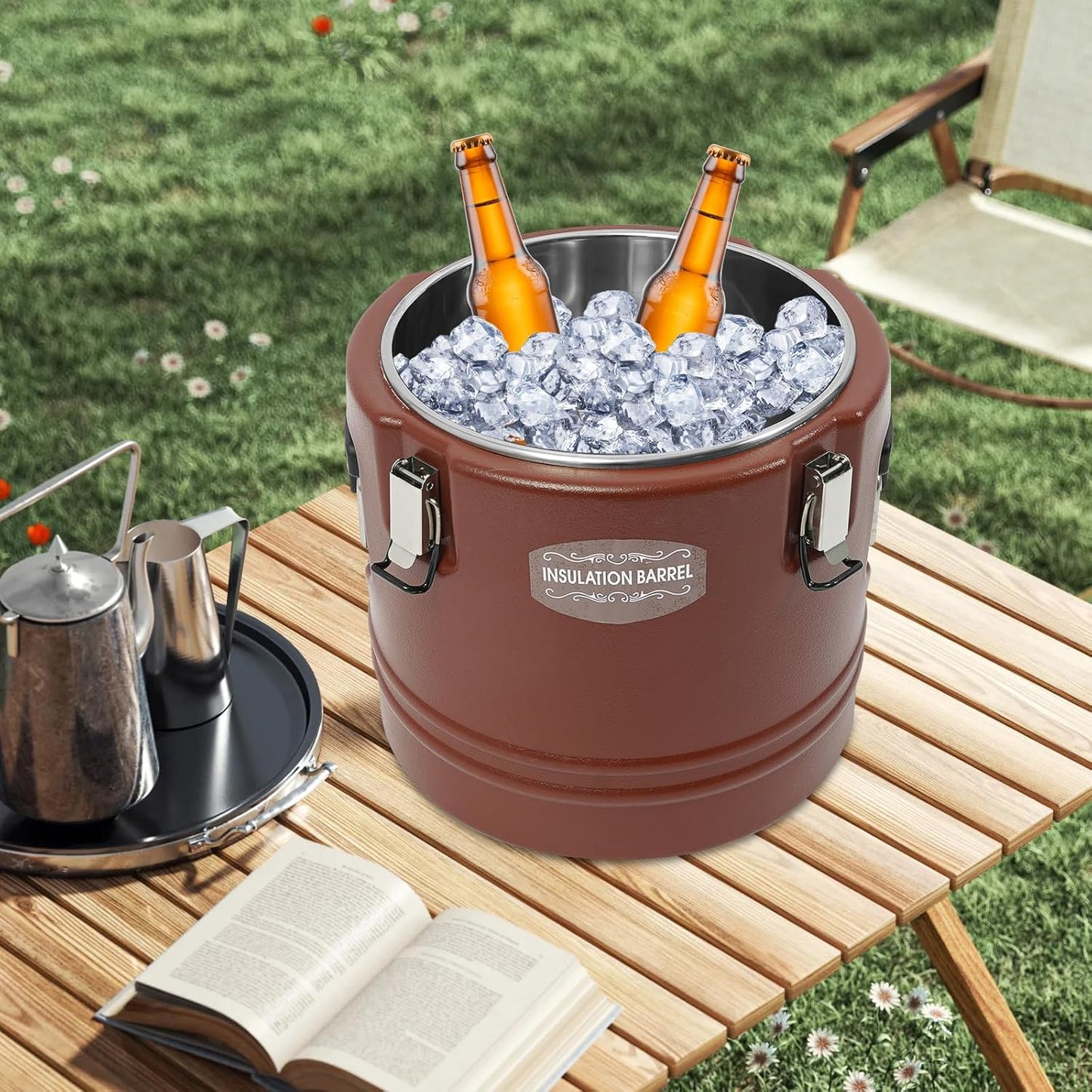 DYNAMI 5.3Gal Insulated Food Container with Handles&Buckles,Portable Commercial Food Warmer Insulated Soup Container Cold Hot Box for Catering,Stainless Steel Inner Liner, Sealed Leak-proof (Brown)