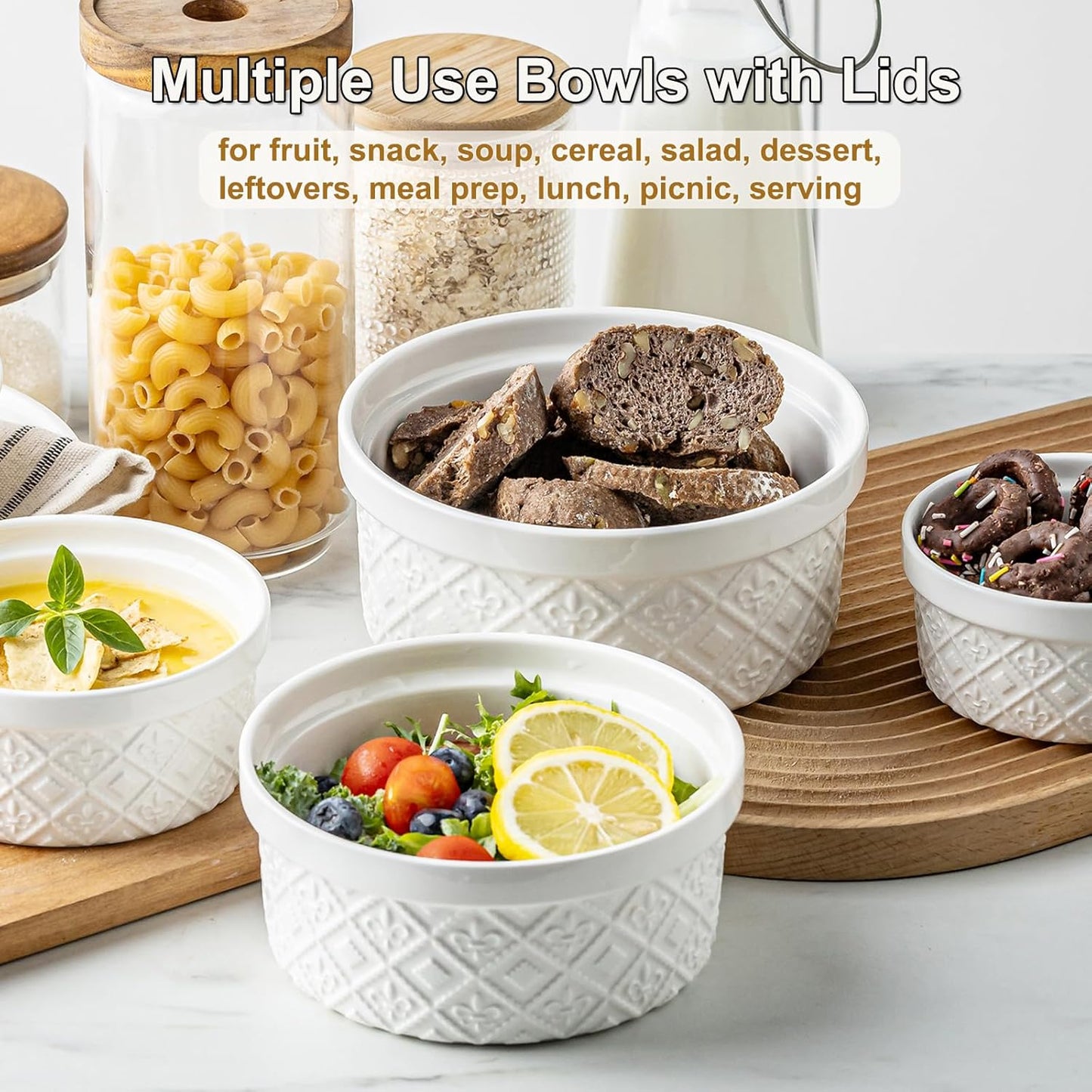 40oz Large Ceramic Mixing Bowls with Lids Set of 4, Ramekin Bowls Oven Safe, Serving Bowls with Lids, Meal Prep Containers, Airtight Food Storage Containers Set for Housewarming, White