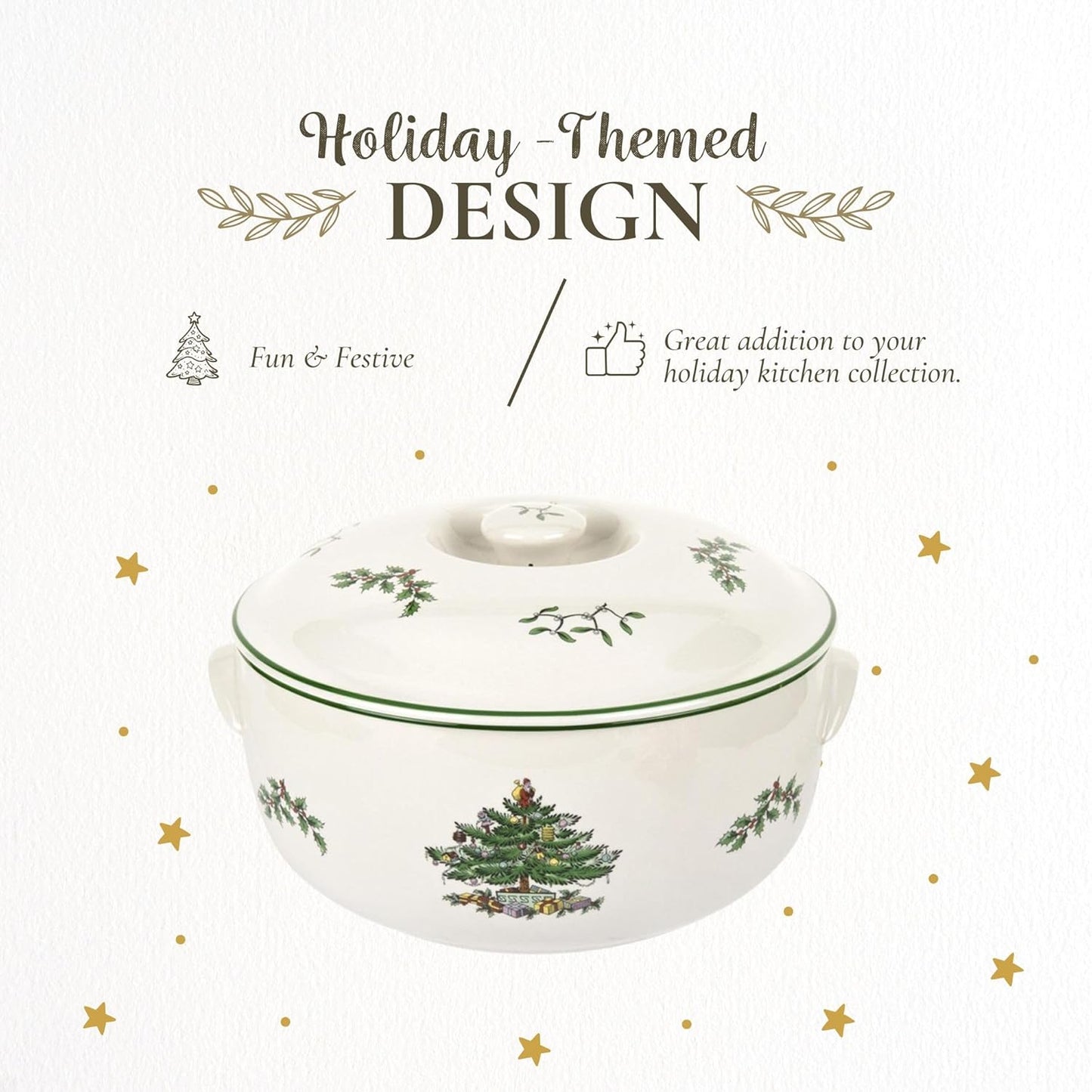 Spode Christmas Tree Round Covered Deep Casserole Dish (8.75" x 5") - Festive Holiday Serveware & Vintage Christmas Table Centerpiece - Fine Earthenware Classic Holiday Bakeware