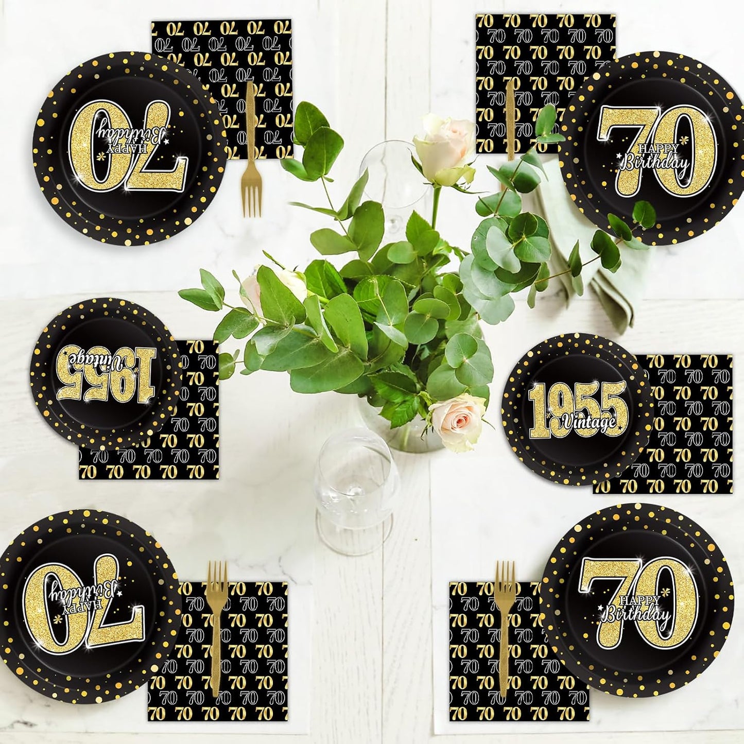 200PCS 70th Theme Birthday Party Tableware Vintage 1955 Party Supplies 70 year old Birthday Party Decorations Plates Napkins Forks Black and Gold Dinnerware Favors for Men or Women