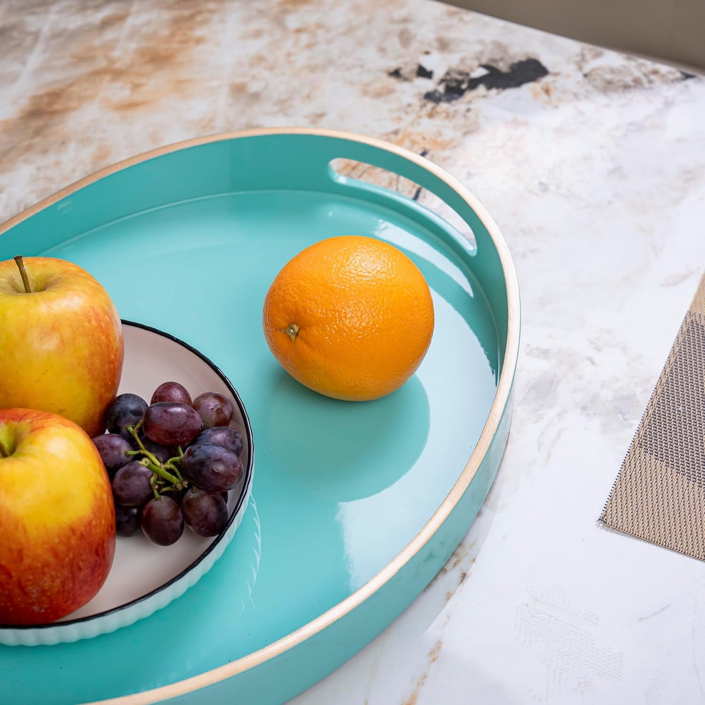 PEMAR 15.7" x 11.8" Oval Lacquer Serving Tray, Handmade Polished Coffee Table Tray w Insert Handles, Luxury Decorative Platters for Dining, Party, Dinner, Breakfast in Bed (Aqua)