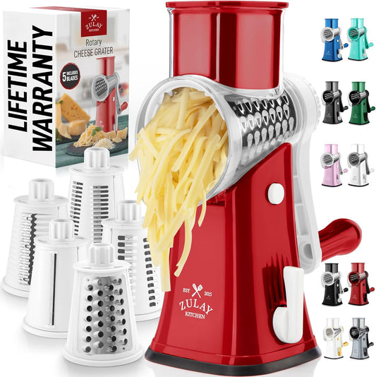 Zulay Kitchen Rotary Cheese Grater 5 Blade Cheese Shredder - Manual Hand Crank Cheese Grater With Reinforced Suction & 5 Interchangeable Drums - Easy to Use, Vegetable Chopper Round Mandoline Slicer