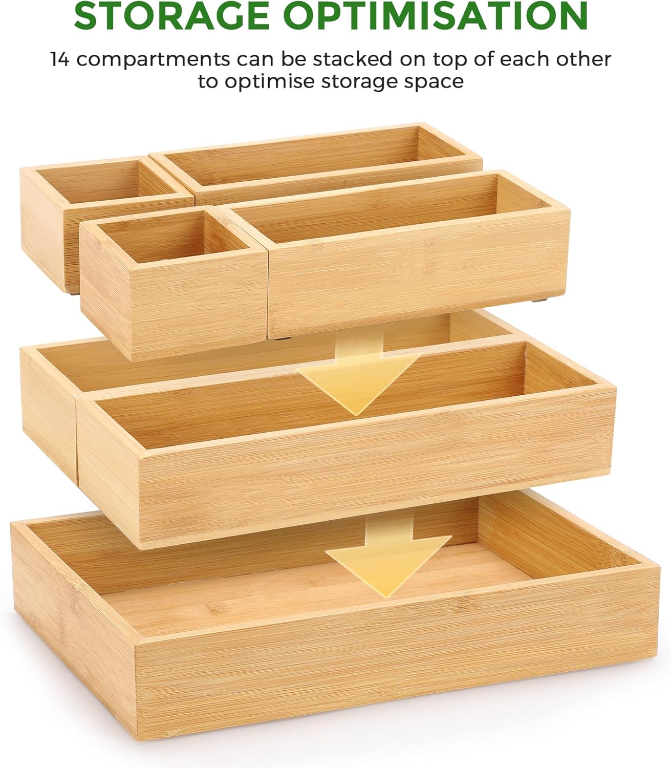 Bamboo Drawer Organizer Set, 14 PCS Multi-Use Individual Wood Storage Organizers, Junk Drawer Divider and Storage Trays Containers for Kitchen, Bathroom, Office Desk, Makeup, Jewelry, Utensils