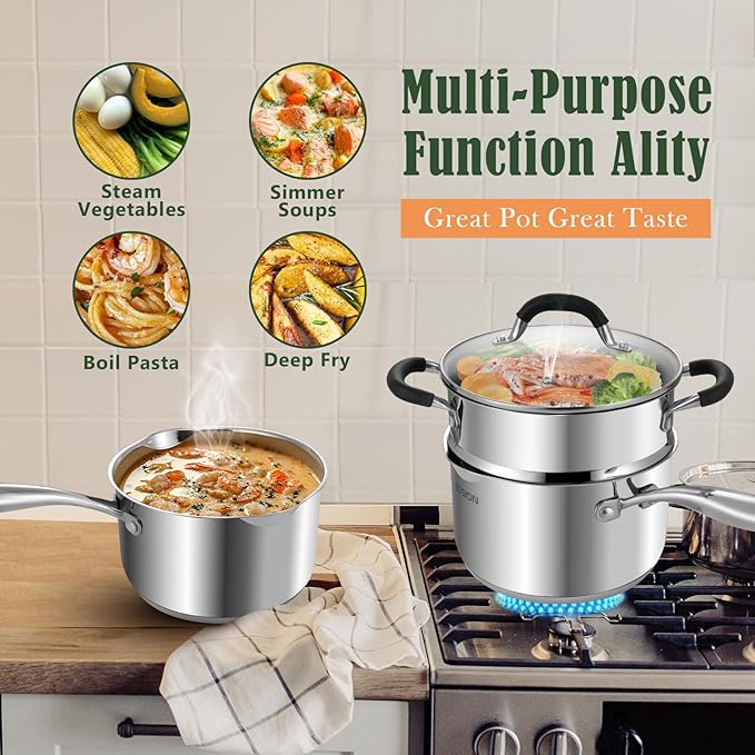 AOSION 2.5 Quart Stainless Steel Saucepan with Steamer Basket,Small Pots for Cooking,Steamer Pan with Pour Spout,Strainer Glass Lid,Perfect For Vegetables Boiling Gravies,Pasta,Noodles