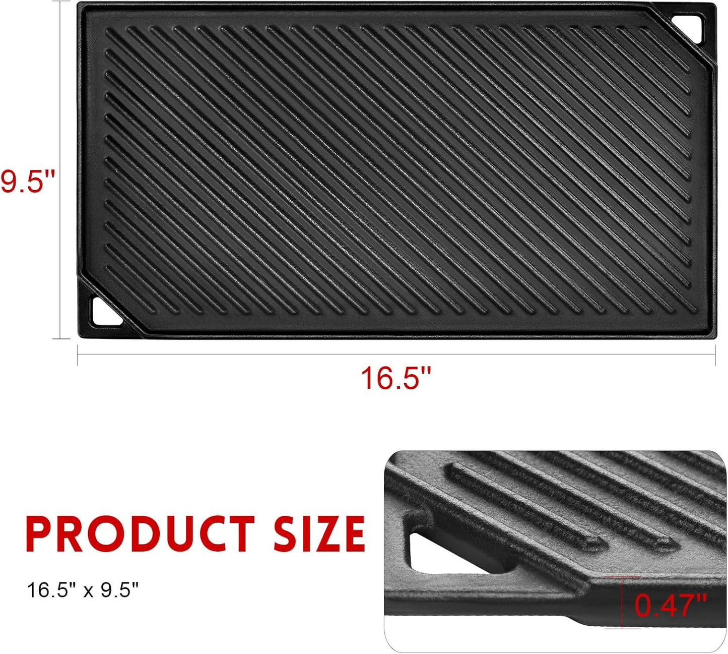 GGC Reversible Cast Iron Griddle, Double-sided Griddle Pan for Stove Tops, Gas Grills and Outdoor Cooking, 16.5 x 9.5 Baking Flat and Ribbed Griddle Plate