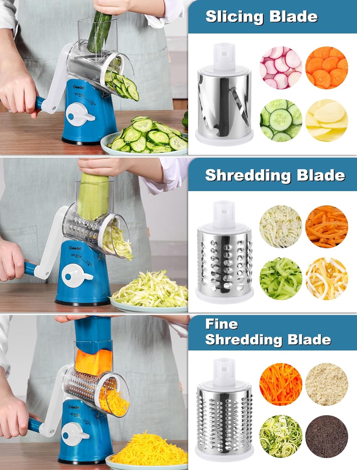 Geedel Rotary Cheese Grater Cheese Shredder - Upgraded 5-in-1 Cheese Grater with Handle and Strong Suction Base, Multi-purpose Vegetable Slicer Ice Shaver Nuts Grinder for Ice, Vegetables, Fruit, Nuts