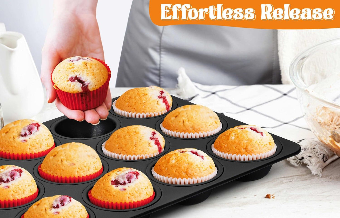 TeamFar Muffin Pan, 12 Cup Muffin Tin Cupcake Baking Pan with Stainless Steel Core & Nonstick Coating,for Making Mini Cakes Tarts, Healthy & Welded Firmly, Oven Safe & Anti-melt, Easy Release & Clean