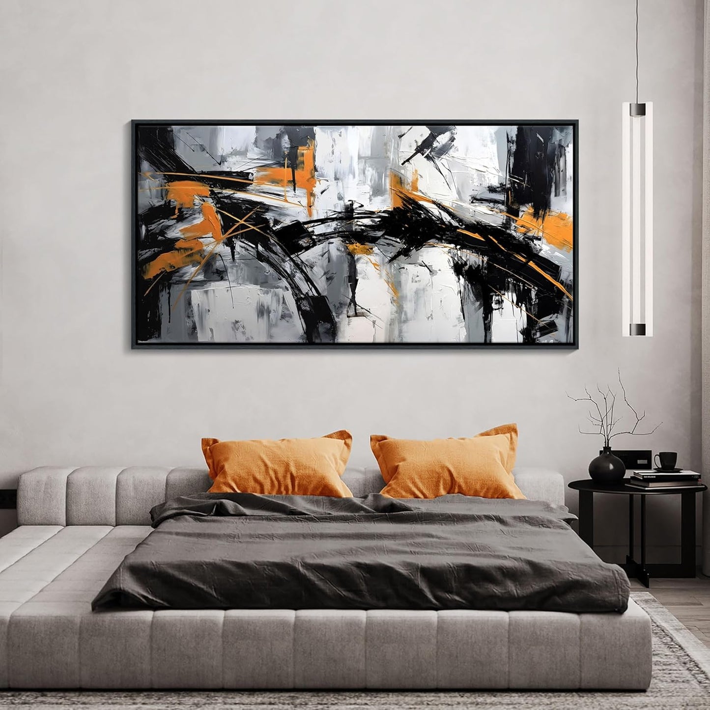 Framed Large Abstract Canvas Wall Art Modern Wall Art for Living Room - Canvas Wall Decor for Office and Home - Framed Artwork for Walls Black, White, Gray and Unique Orange Accents 29×58in