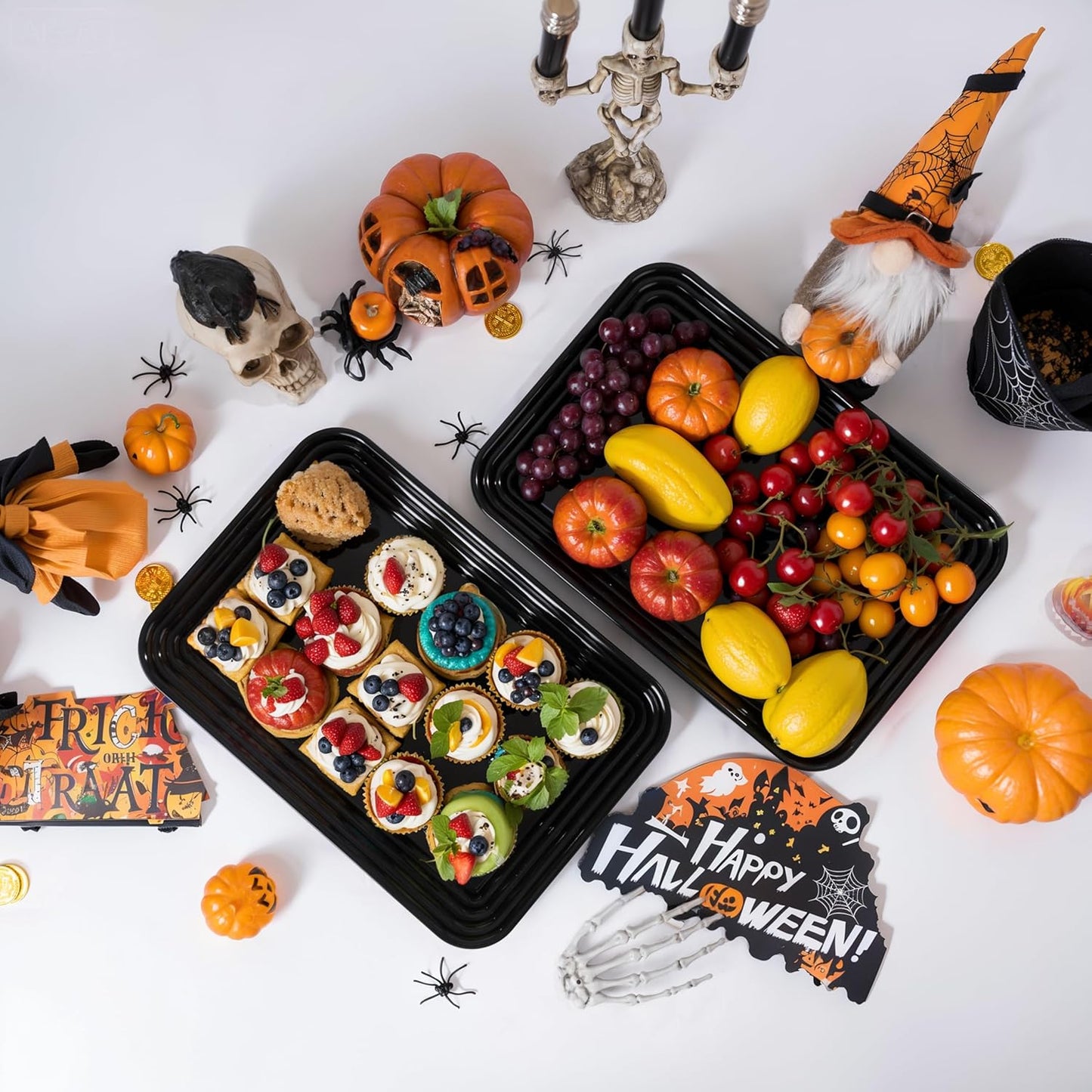 SUT 6-Pack Black Halloween Serving Trays for Entertaining-16 x 11" Serving Platters for Snacks, Fruit, Cookies Reusable Plastic Trays for Serving Food in Kitchen & Halloween Parties