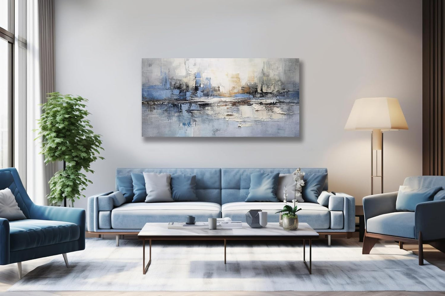 VHMING Abstract Wall Art Wall Decor Blue and Gray White Modern Canvas Wall Paintings Abstract Artwork for Living Room Bedroom Bathroom Office Home Decor Can Be Hung Directly 24"x 48"