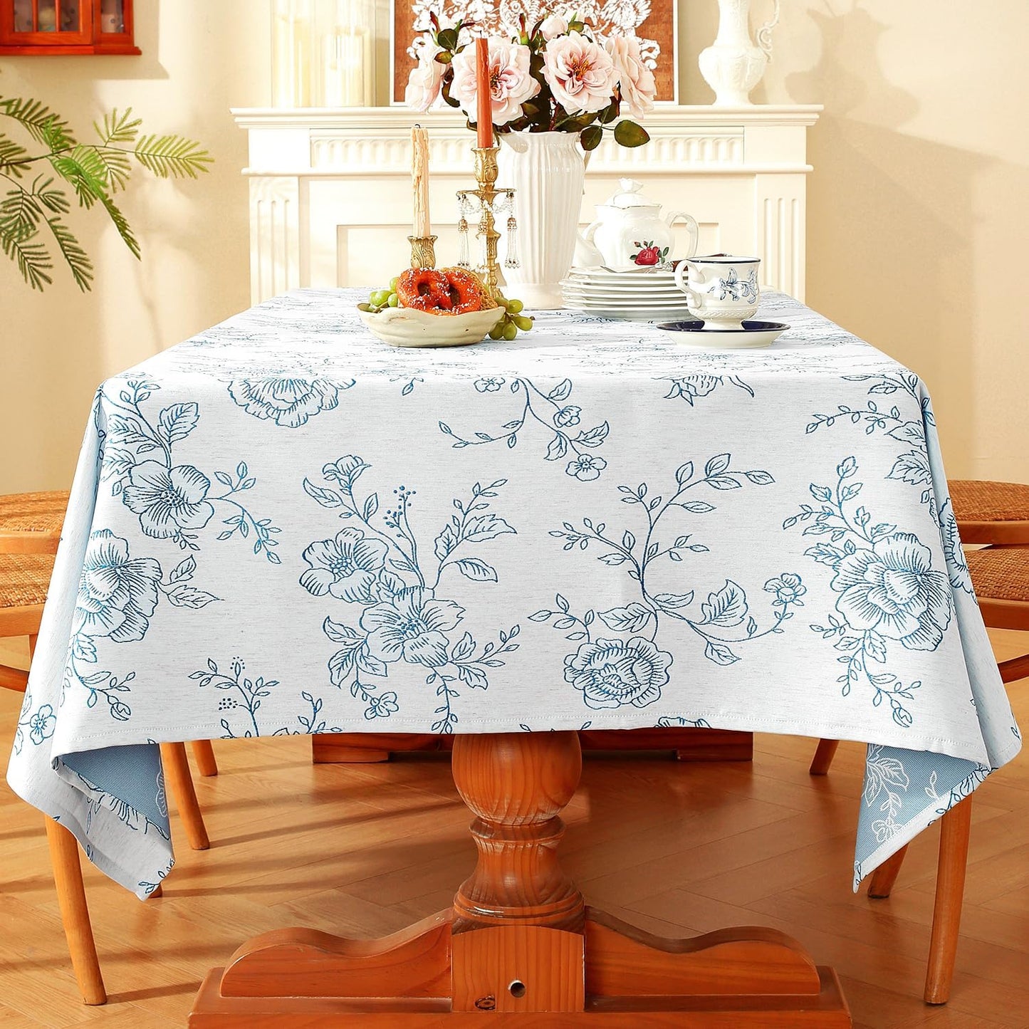 Chassic Premium Vintage Farmhouse Damask Floral 60 x 120 inch Rectangle Table Cloth – Water Resistant Linen Textured Jacquard Tablecloth for Kitchen Dining & Picnic Decor - Blue