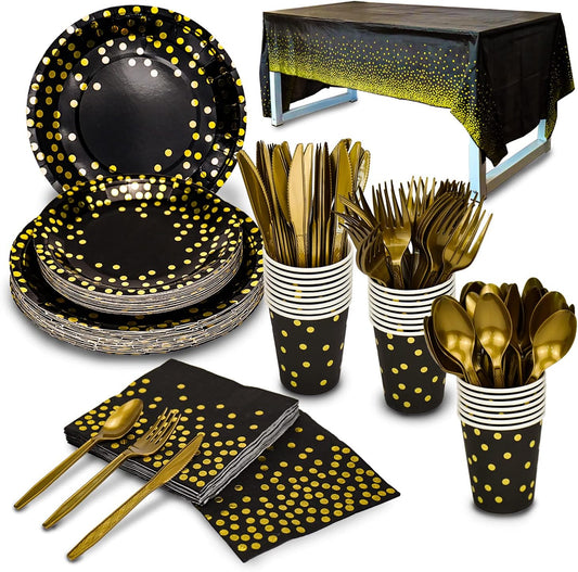 176 Pieces Gold Disposable Party Dinnerware Set &Golden Dot Disposable Party Dinnerware - Black Paper Plates Napkins Cups, Gold Plastic Forks Knives Spoons