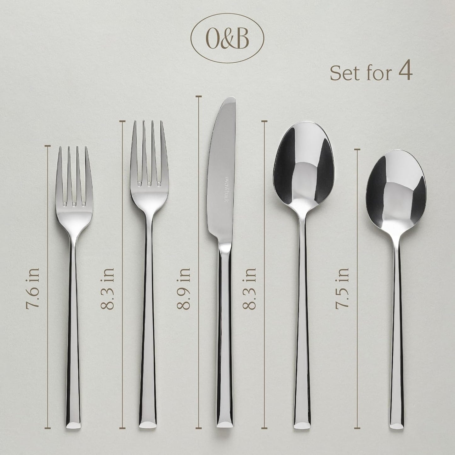 over&back 20pc Modern Flatware Cutlery Set - Comes with 4 Dinner Forks, 4 Salad Forks, 4 Dinner Knives, 4 Dinner Spoons, and 4 Teaspoons - 18/8 Stainless Steel - Dishwasher-Safe - Mirror Stainless