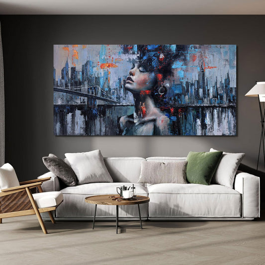 Navy Blue Abstract Wall Art Woman Picture for Living Room Modern Home Bedroom Decoration New York City Framed Cityscape Artwork Decor 20x40IN