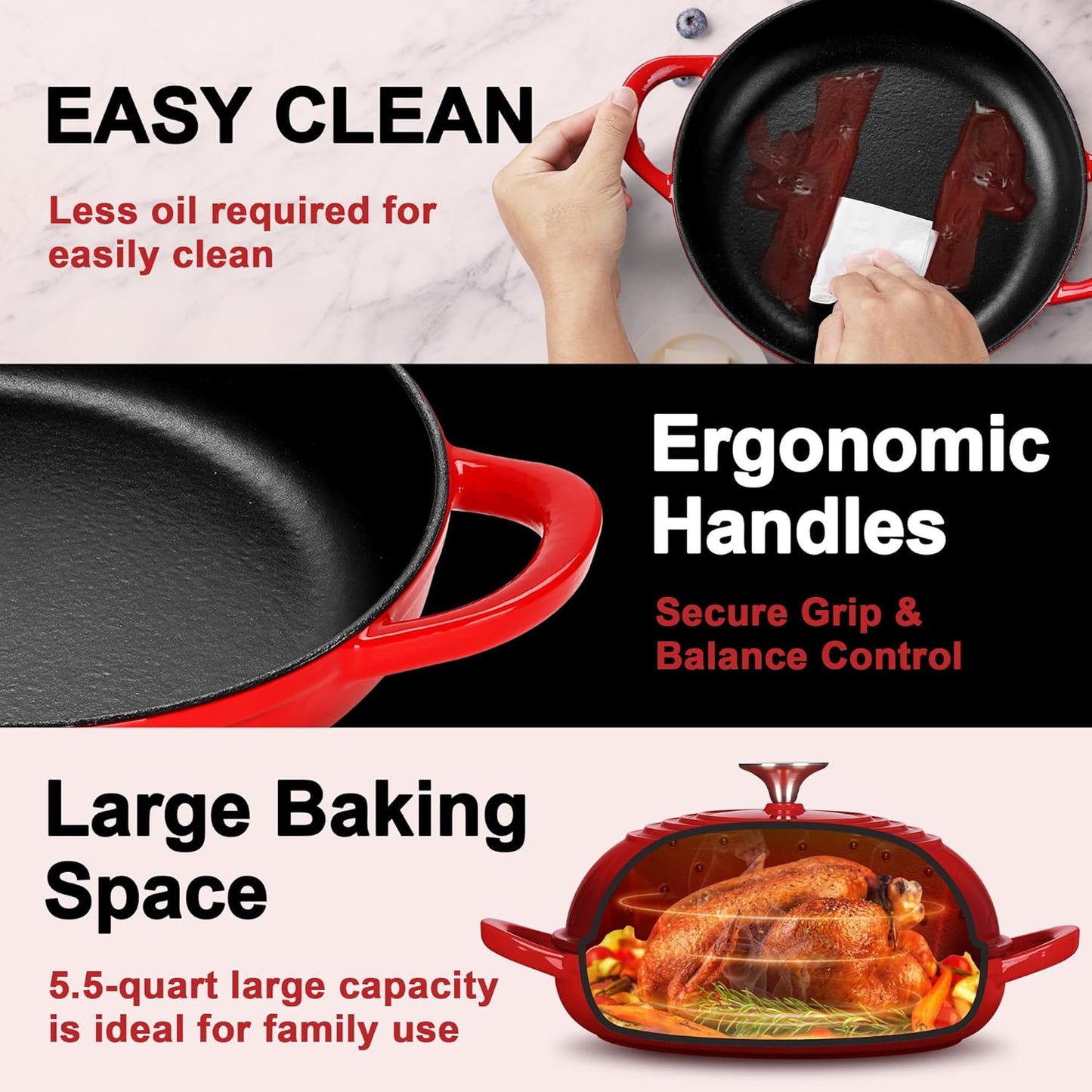 P&P CHEF Bread Dutch Oven for Sourdough, 5.5 Quart Enameled Cast Iron Dutch Oven Pot with Lid for Homemade Bread Baking, Easy to Clean & Even Heat, Red