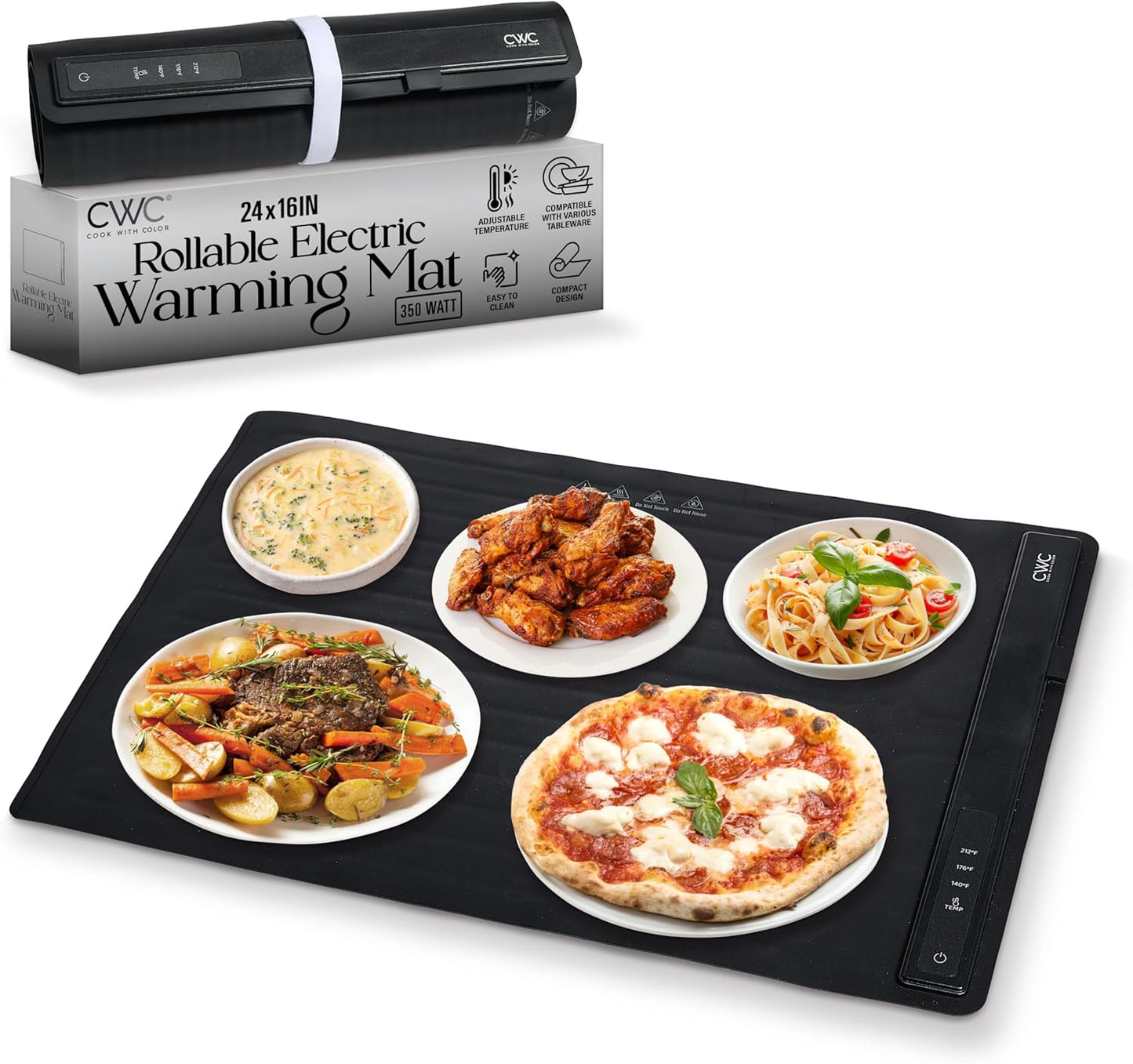 COOK WITH COLOR 350W Electric Food Warming Mat - Portable Food Warmer Tray with Adjustable Temperature, Fast 60-Second Heating, Auto Shut-Off, Rollable Silicone Pad for Parties & Everyday Use, Black